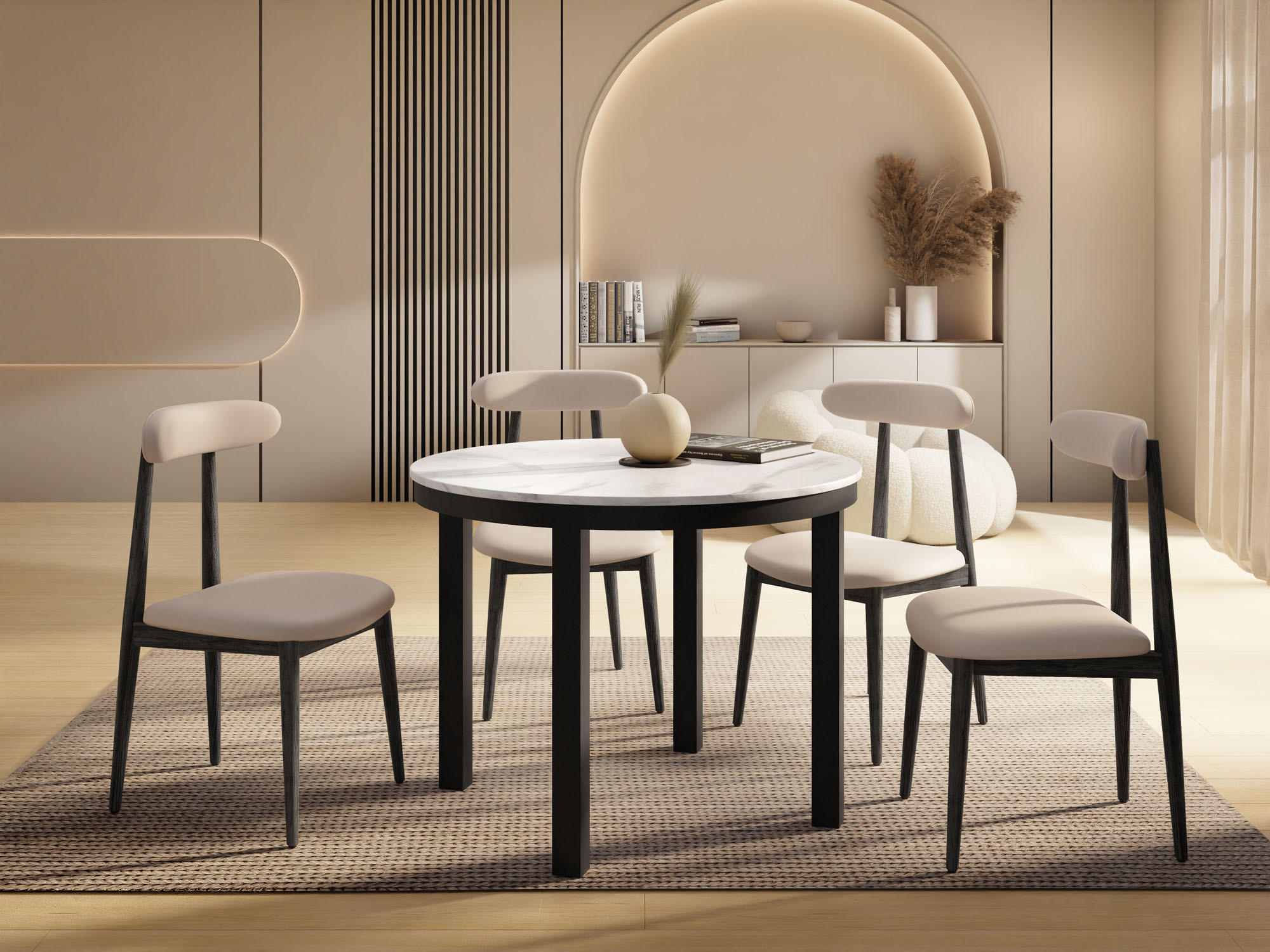 ESSTISCH Corin Schwarz runder ausziehbarer, Weißer Marmor 100-176/100/76 cm - Ecru/Schwarz, Holzwerkstoff/Metall (100/100/76cm) - WFL GROUP