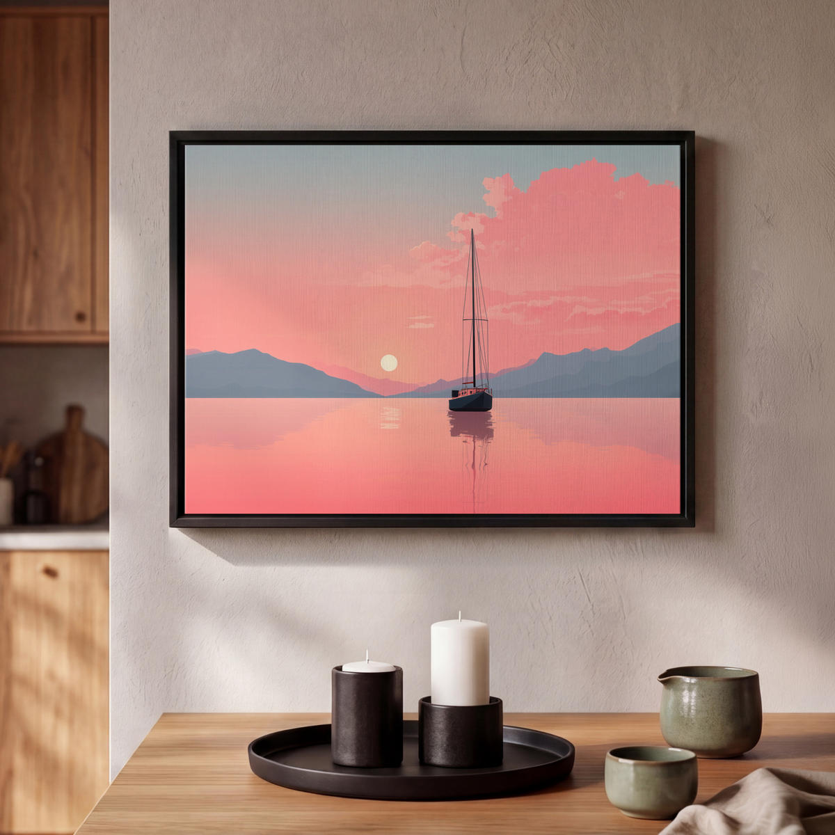 LEINWAND Bilder mit Rahmen - Segelboot - Rosa Meer - Sonnenuntergang - Berge - 40x30 - Rosa, Textil (40/30cm) - MuchoWow