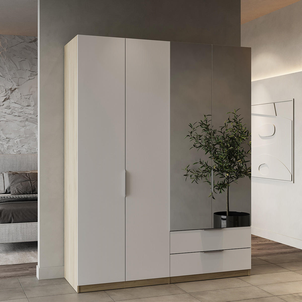 KLEIDERSCHRANK mit 4 Türen, 2 Schubladen und 2 Spiegeln Ghost - L157,3 cm - Weiß/Sonoma Eiche, Holz (157/203/51cm) - Demeyere