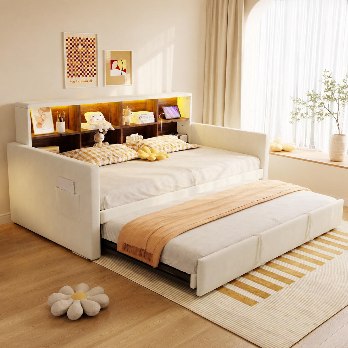 POLSTERBETT 90/190 mit Ausziehbett, LED-Lichtleiste, Stauraum und Ladesteckdosen in Beige - Beige, Holzwerkstoff/Textil (90/190cm) - EVRYAE