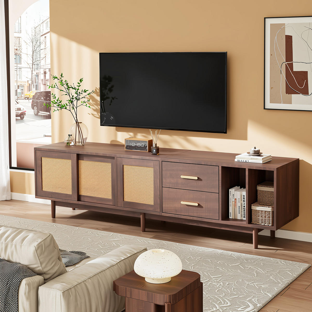 TV-SCHRANK 190 cm Braun & Rattan mit Schiebetüren, 2 Schubladen & 6 Füßen im Retro-Design - Braun, Holzwerkstoff (190/52/40cm) - Urban Meuble