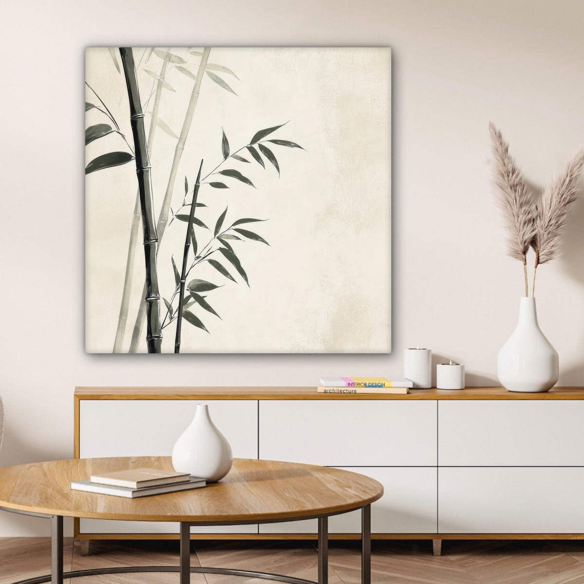 LEINWANDBILD Japandi - Bambus - Beige 90x90 cm - Eukalyptusholzfarben, Textil (90/90cm) - MuchoWow