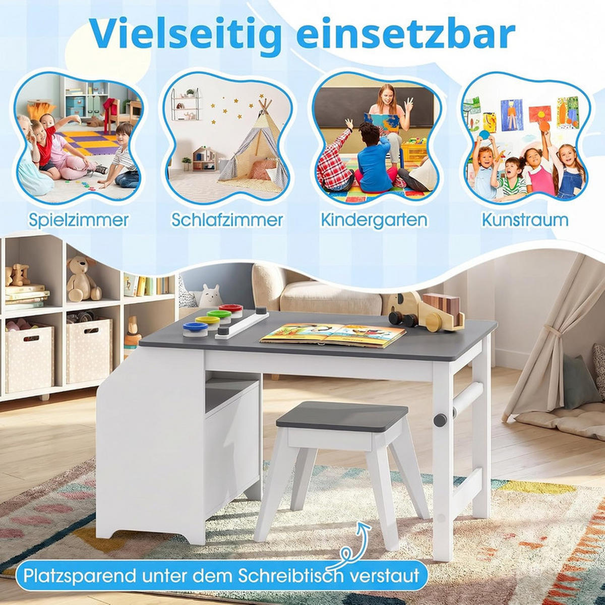 KINDERTISCH-SET mit Stauraum grau(2-tlg) - Grau, Holzwerkstoff (91/49.5/54cm) - COSTWAY