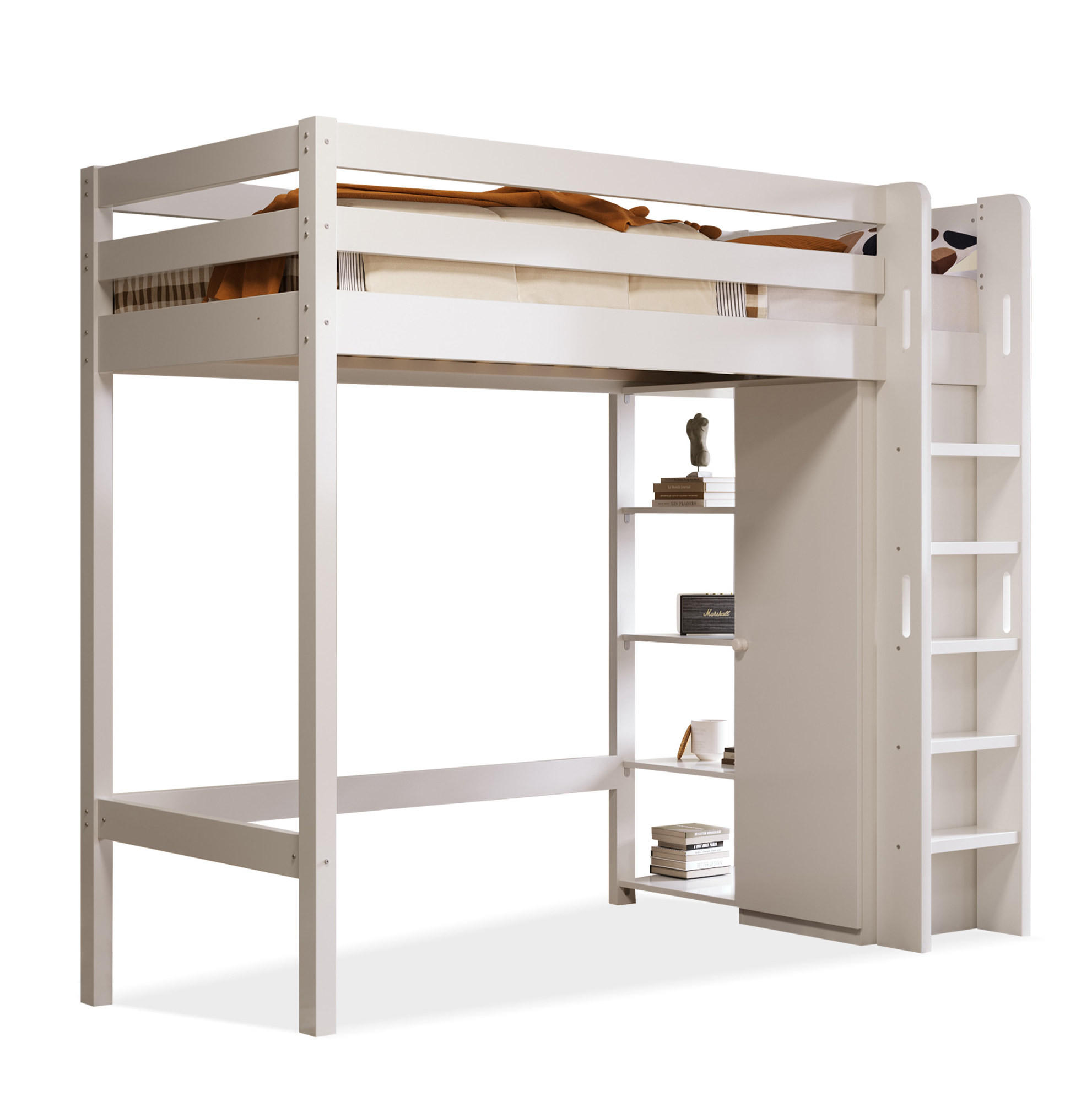 KINDEREINZELBETTEN aus Spanplatte & Massivholz 90x200 cm in Weiß mit Kleiderschrank - Weiß, Holzwerkstoff (90/200cm) - Modfu
