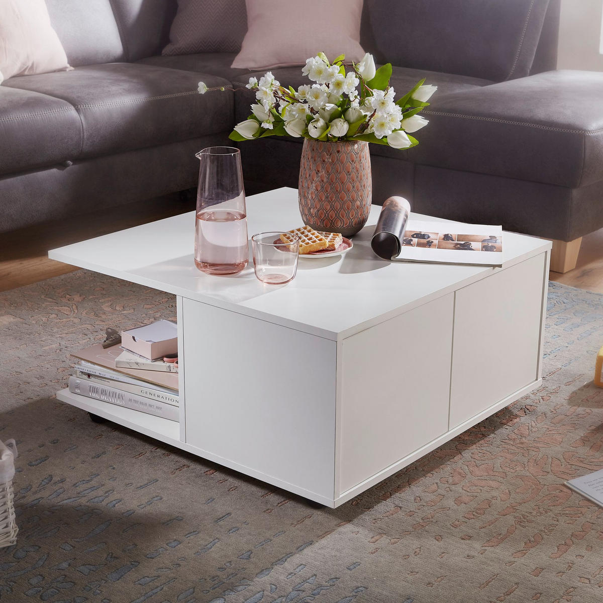 COUCHTISCH mit Rollen, Melaminharzbeschichtung und 2 Schubladen, Weiß 70x70x36 cm - Schwarz/Weiß, Holz (70/70/36cm) - KADIMA DESIGN
