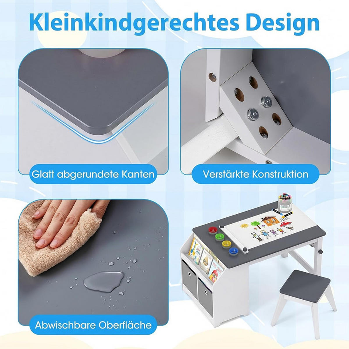KINDERTISCH-SET mit Stauraum grau(2-tlg) - Grau, Holzwerkstoff (91/49.5/54cm) - COSTWAY