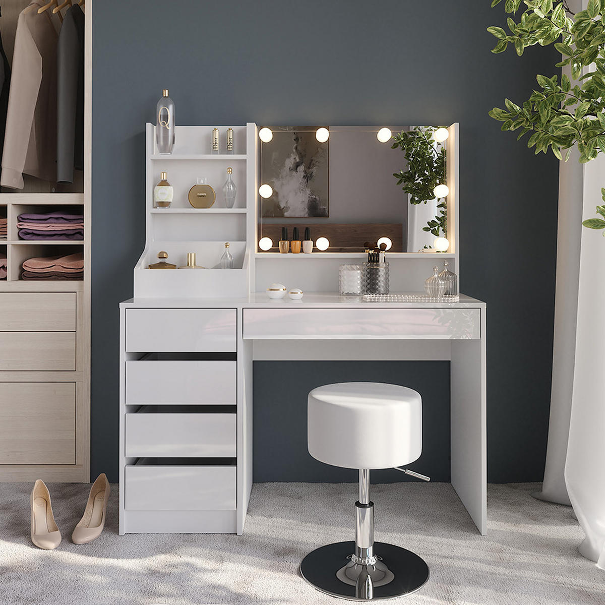 SCHMINKTISCH Sherry Weiß/Weiß Hochglanz 119.8 cm 4 Teile - Weiß Hochglanz, Holzwerkstoff (119.8/76/50.1cm) - Vicco
