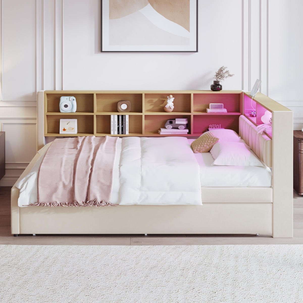 BETT mit Ausziehbett 140/200 cm & 90/190 cm mit LED-Beleuchtung und USB-Anschlüssen Flanell Beige - Beige, Textil (140/200cm) - OKWISH