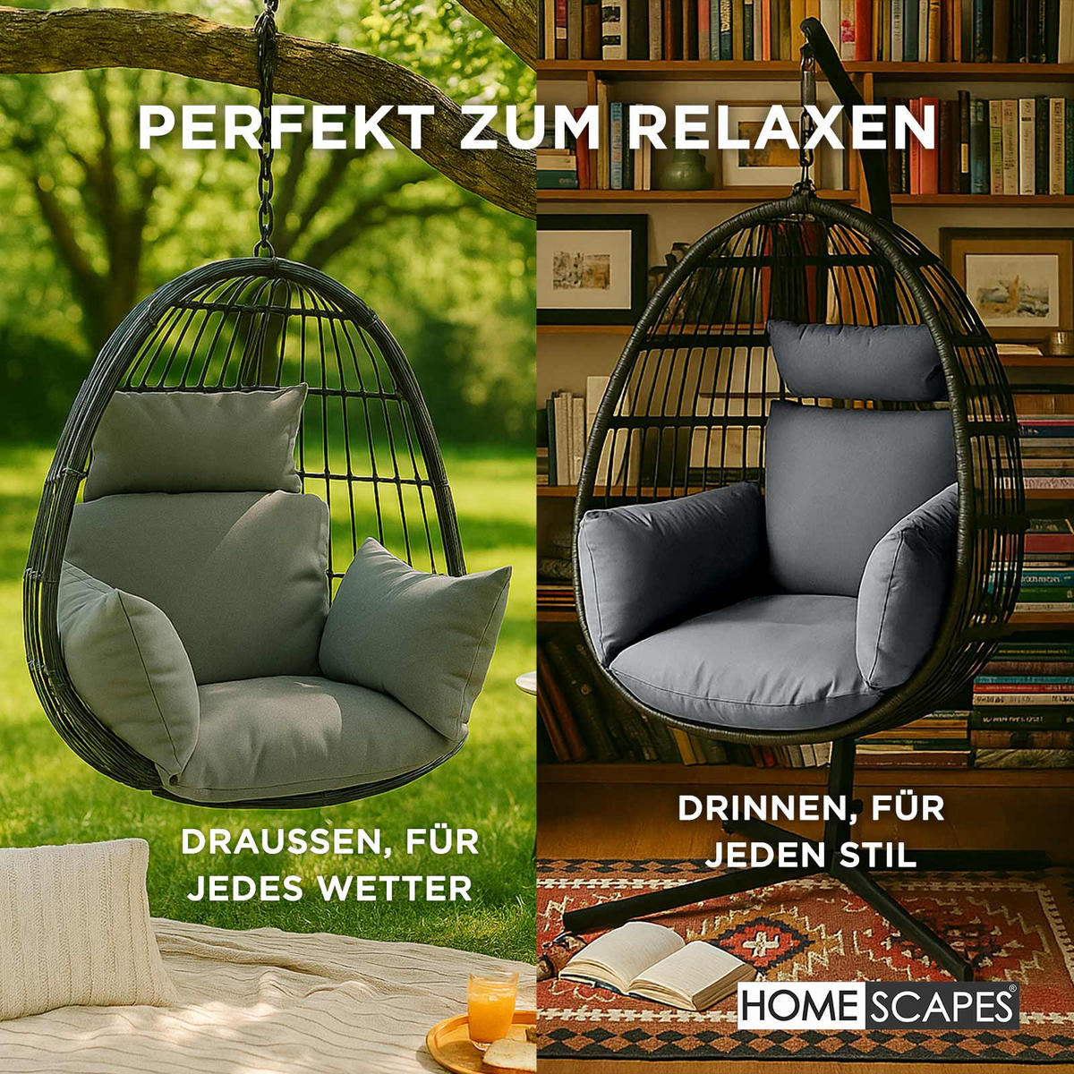 KISSEN für Hängesessel – wetterfest mit Kopfstütze - Grau, Textil (110/15/112cm) - Homescapes