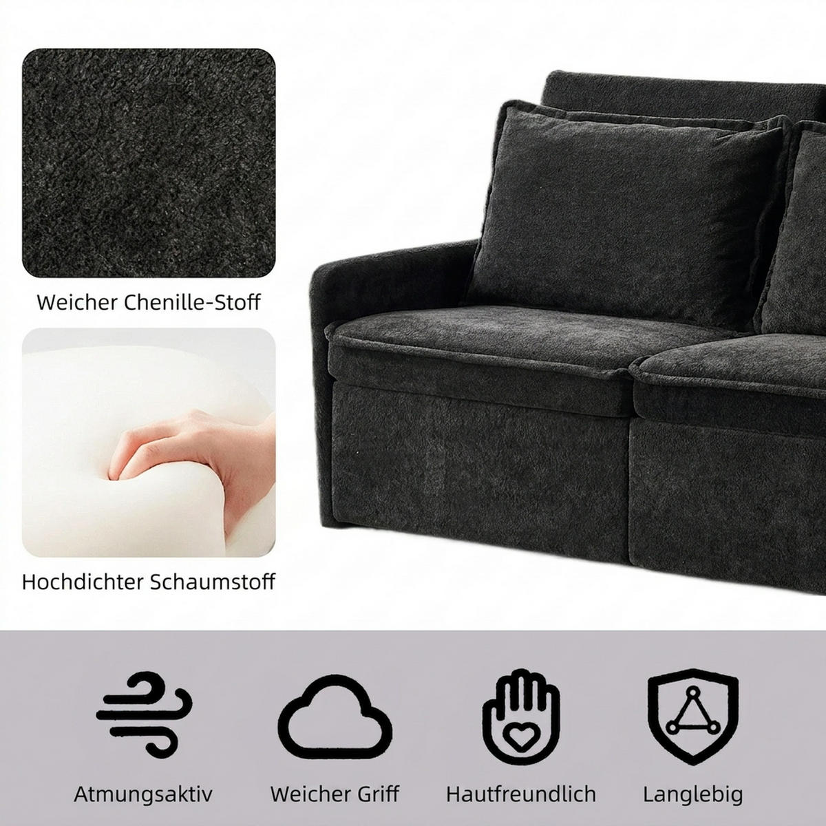 SCHLAFSOFA 172.5/71/95 cm Schwarz mit USB-Anschluss, 5-fach verstellbarer Rückenlehne und Stauraum - Schwarz, Textil (71/95/172.5cm) - Oxeza
