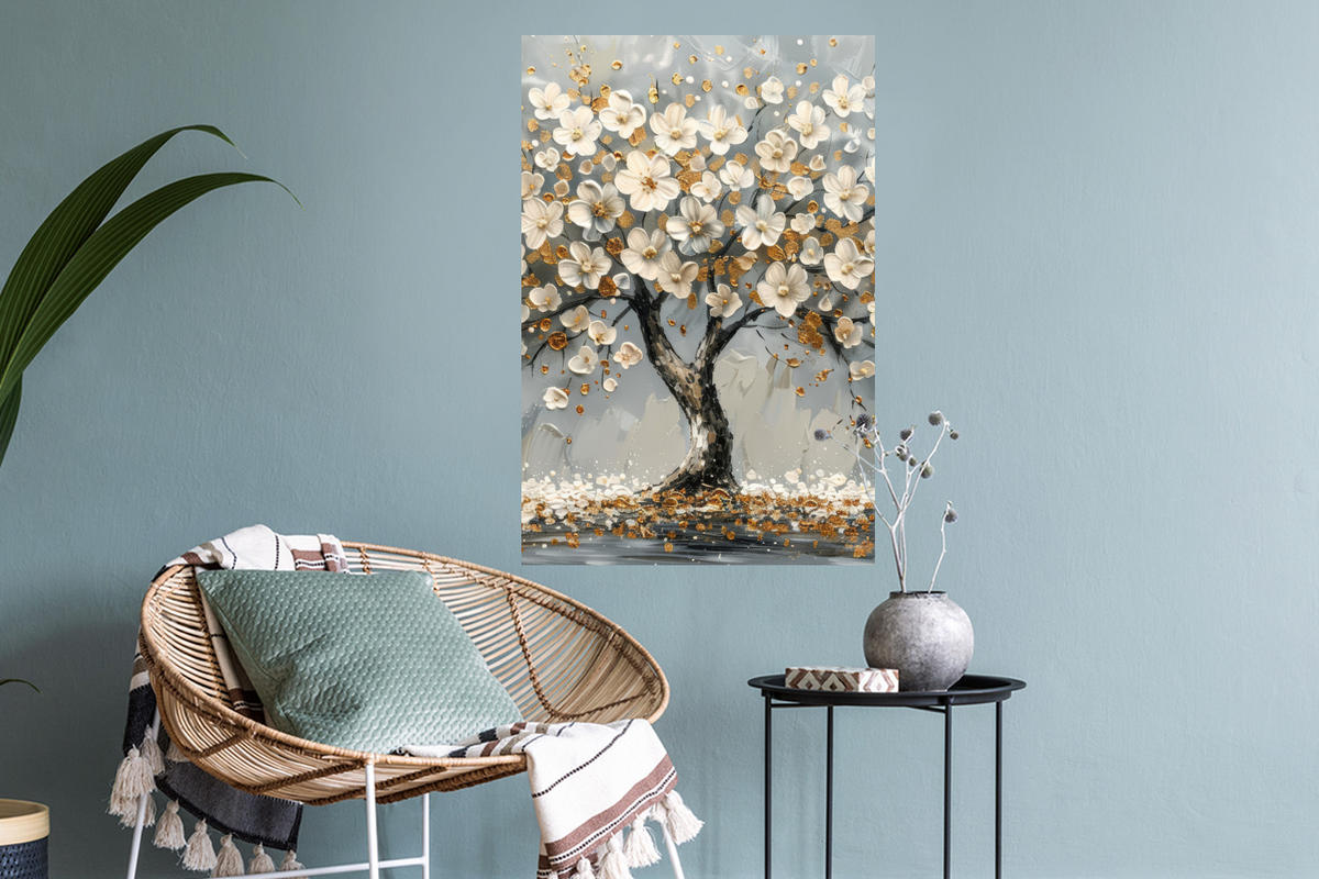 WANDTATTOO Baum - Blumen - Weiß - Natur - Kunst 40x60 cm - Weiß, Kunststoff (40/60/0.1cm) - MuchoWow