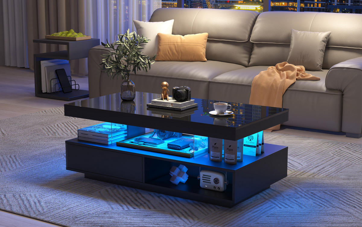 KLUB stolić 95/50/42,5 cm crni od iverice s LED rasvjetom i staklenim umecima - crna, drvni materijal (95/50/42.5cm) - OKWISH