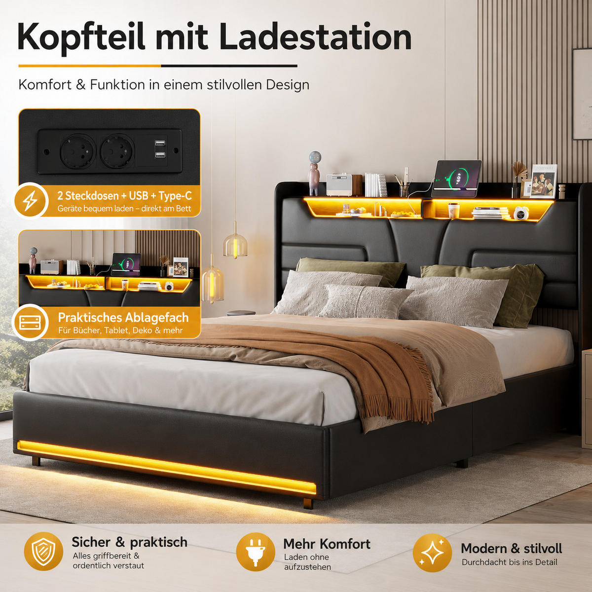 POLSTERBETT 140/200 cm mit LED‑Beleuchtung & USB‑Ladestation, modernes Bett mit Stauraum‑Kopfteil, schwarzes Kunstlederbett für Schlafzimmer - Schwarz, Holz/Metall (140/200cm) - Joyfair