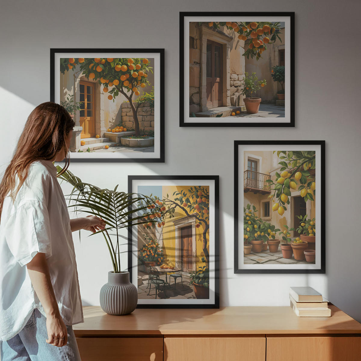 WANDBILDER 4er-Set - 50x50 cm & 40x60 cm Schwarzer Rahmen - Zitrusfrüchte in der Sonne - Schwarz, Kunststoff (50/50cm) - ArtPrintCave