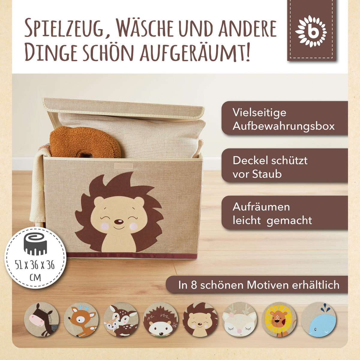 AUFBEWAHRUNGSBOX mit Deckel Igel Piksi - Hellbraun/Beige, Textil (51/36cm) - Bieco Spielwaren