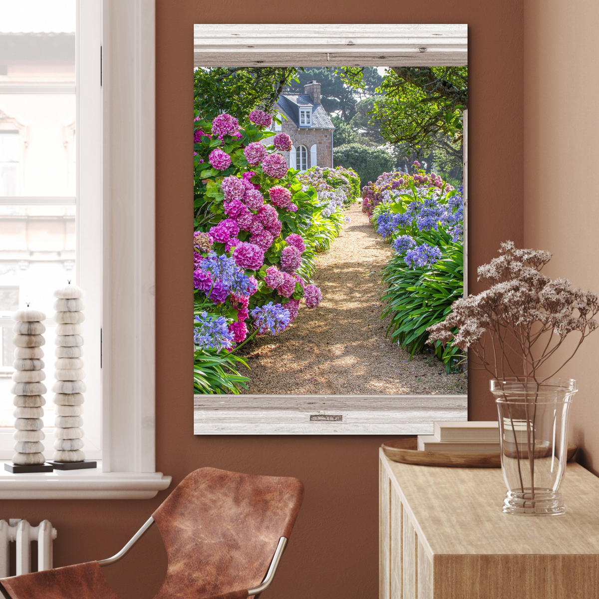 METALLBILD Hortensie - Fensterblick - Blumen - Sommer - Lila - Weg 60x90 cm - Lila, Metall (60/90cm) - MuchoWow