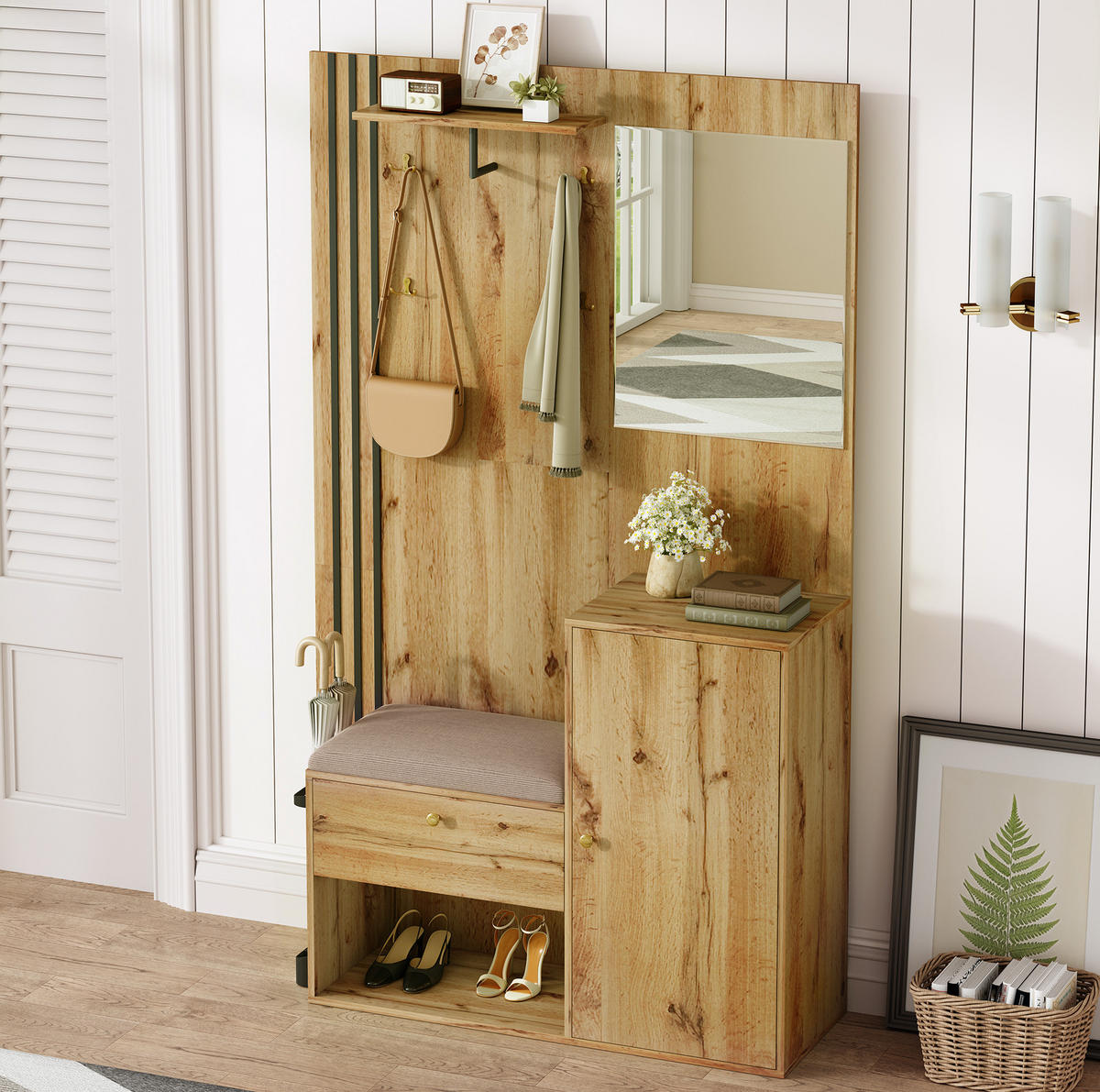 FLURGARDEROBE 115/37/185 cm aus MDF mit Spiegel und gepolsterter Sitzfläche Naturfarben mit Schwarz - Naturfarben, Holzwerkstoff (37/185/115cm) - Modenvie