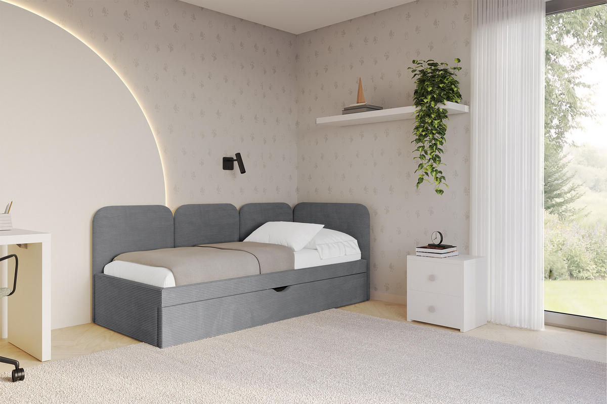 EINZELLBETT Jugendbett mit Bettkasten, Links - ALVY 80x200 Dunkelgrau - Dunkelgrau, Holzwerkstoff/Textil (80/200cm) - ALTDECOR