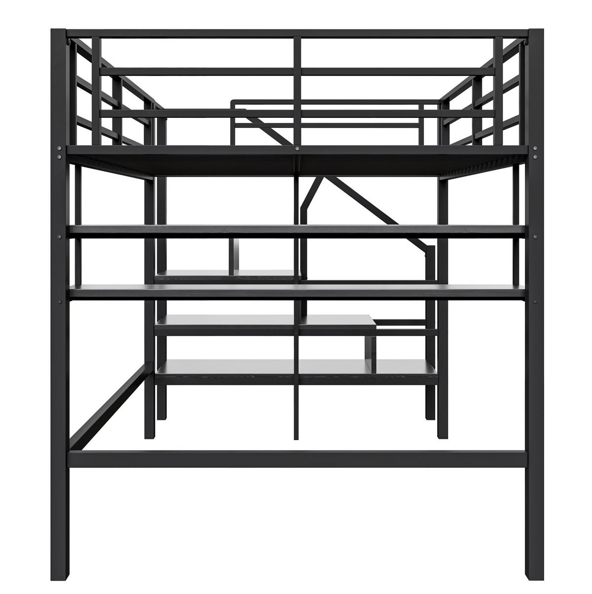VYVÝŠENÁ dětská postel z kovu a MDF 140x200 cm černá s policemi, úložným žebříkem a prostorem pod lůžkem - černá, kov (140/200cm) - Modfu
