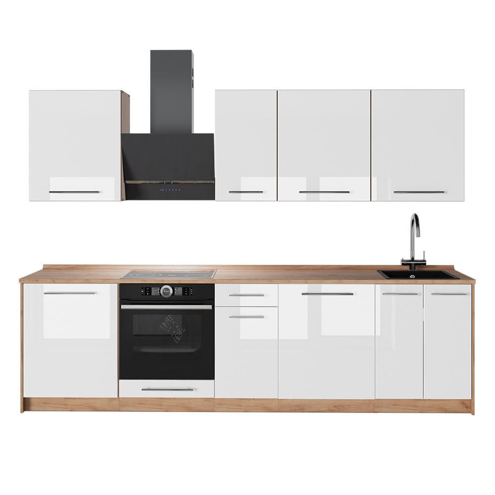 KÜCHENZEILE Fame-Line, Weiß Hochglanz/Goldkraft Eiche, 280 cm ohne Arbeitsplatte - Honigeiche/Weiß Hochglanz, Holzwerkstoff (280/82/51.6cm) - Vicco