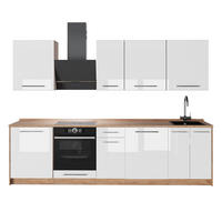 KÜCHENZEILE Fame-Line, Weiß Hochglanz/Goldkraft Eiche, 280 cm ohne Arbeitsplatte - Honigeiche/Weiß Hochglanz, Holzwerkstoff (280/82/51.6cm) - Vicco