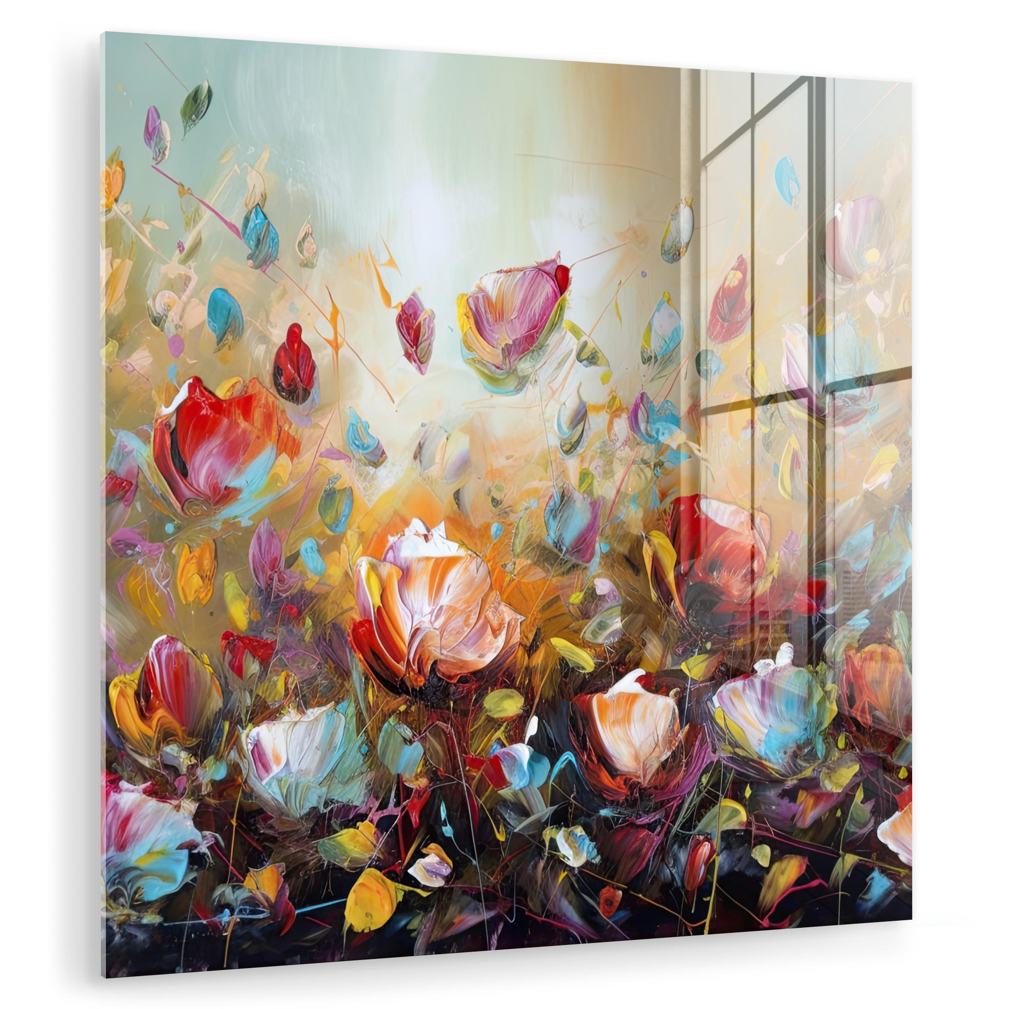 ACRYLGLASBILD Blumen - Kunst - Natur - Ölgemälde 90x90 cm - Multicolor, Glas (90/90cm) - MuchoWow