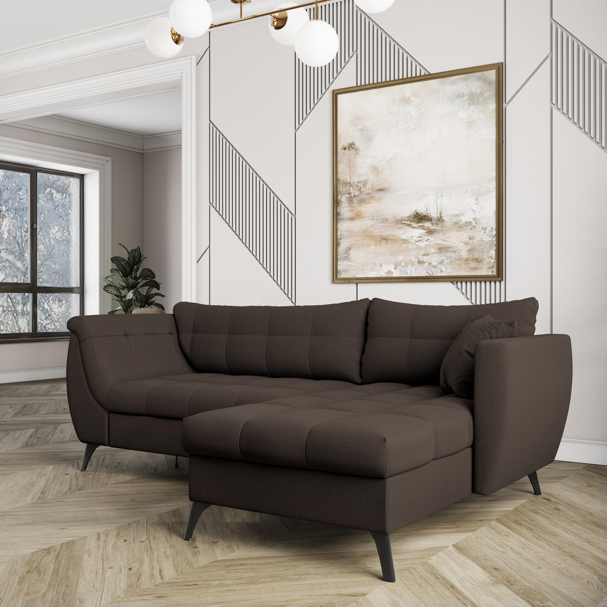 ECKSOFA MOLLIS Braun Geflochtener-Stoff mit Schlaffunktion - Braun, Holz (241/154cm) - MASSENO