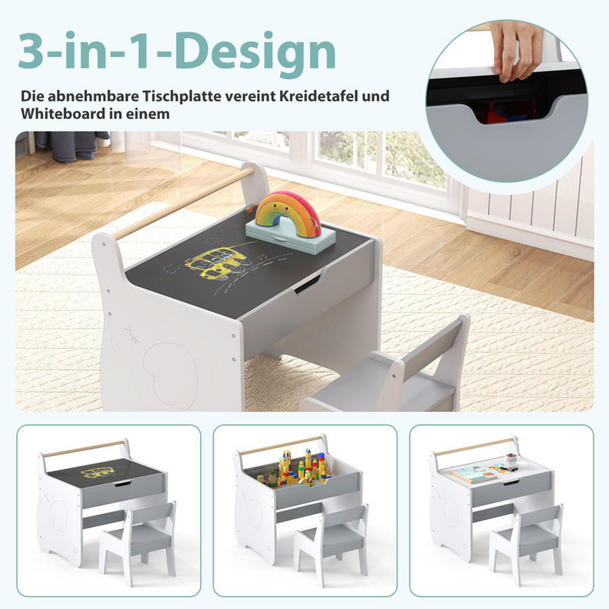 KINDERTISCH mit Stuhl grau(2-tlg) - Grau, Holzwerkstoff (61.5/59/47cm) - COSTWAY
