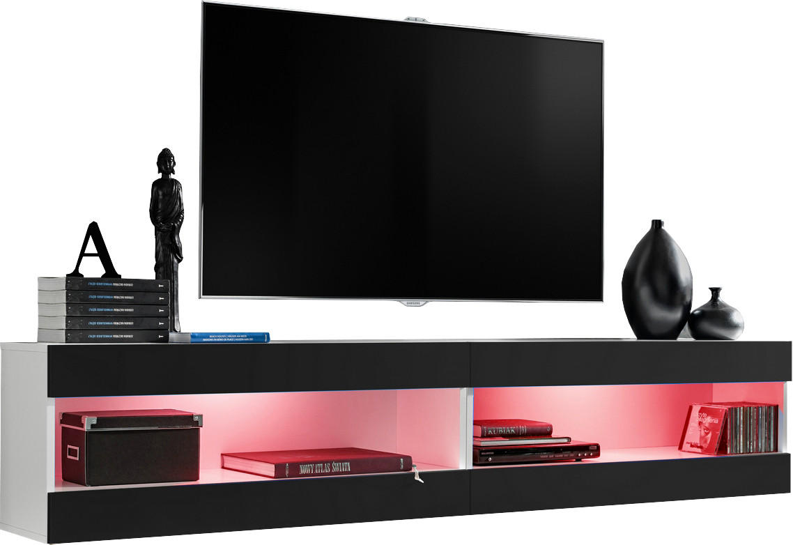 WOHNWAND 2-er Set, TIVOLI SET4 mit mehrfarbige LED RGB Beleuchtung Weiß + Schwarz, Offener Raum - Eiche Wotan/Schwarz, Glas/Holzwerkstoff (200/41/35cm) - Komodee