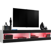 WOHNWAND 2-er Set, TIVOLI SET4 mit mehrfarbige LED RGB Beleuchtung Weiß + Schwarz, Offener Raum - Eiche Wotan/Schwarz, Glas/Holzwerkstoff (200/41/35cm) - Komodee