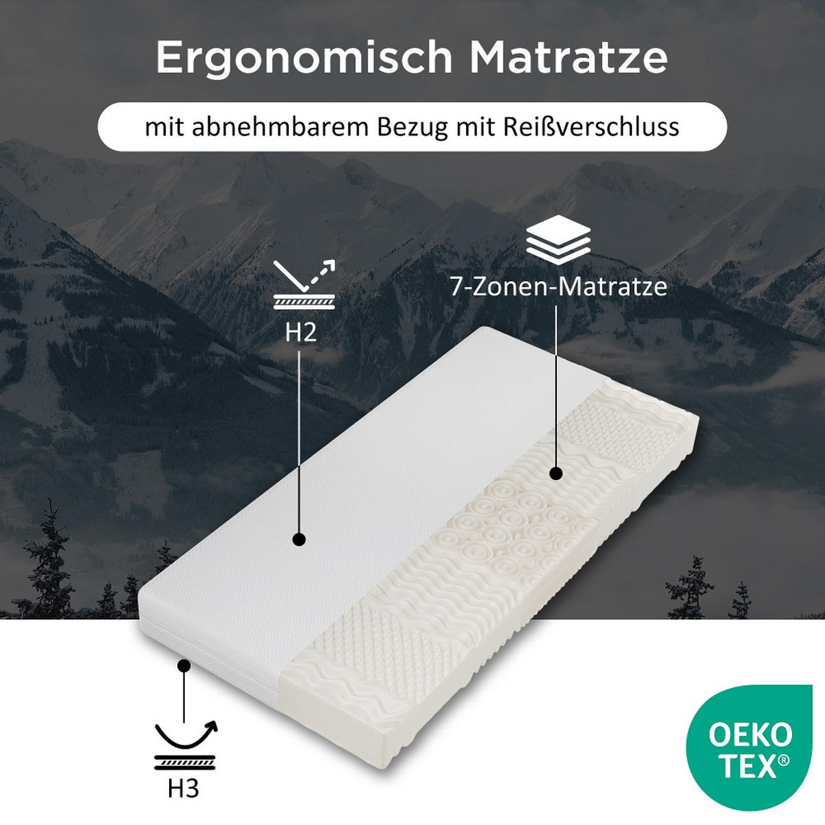 KALTSCHAUMMATRATZE, 7 ZONEN KOMFORTSCHAUM, H2 & H3 WENDEMATRATZE, waschbarer Bezug, 90/200/20 cm - Weiß, Metall (90/200cm) - Rolipo