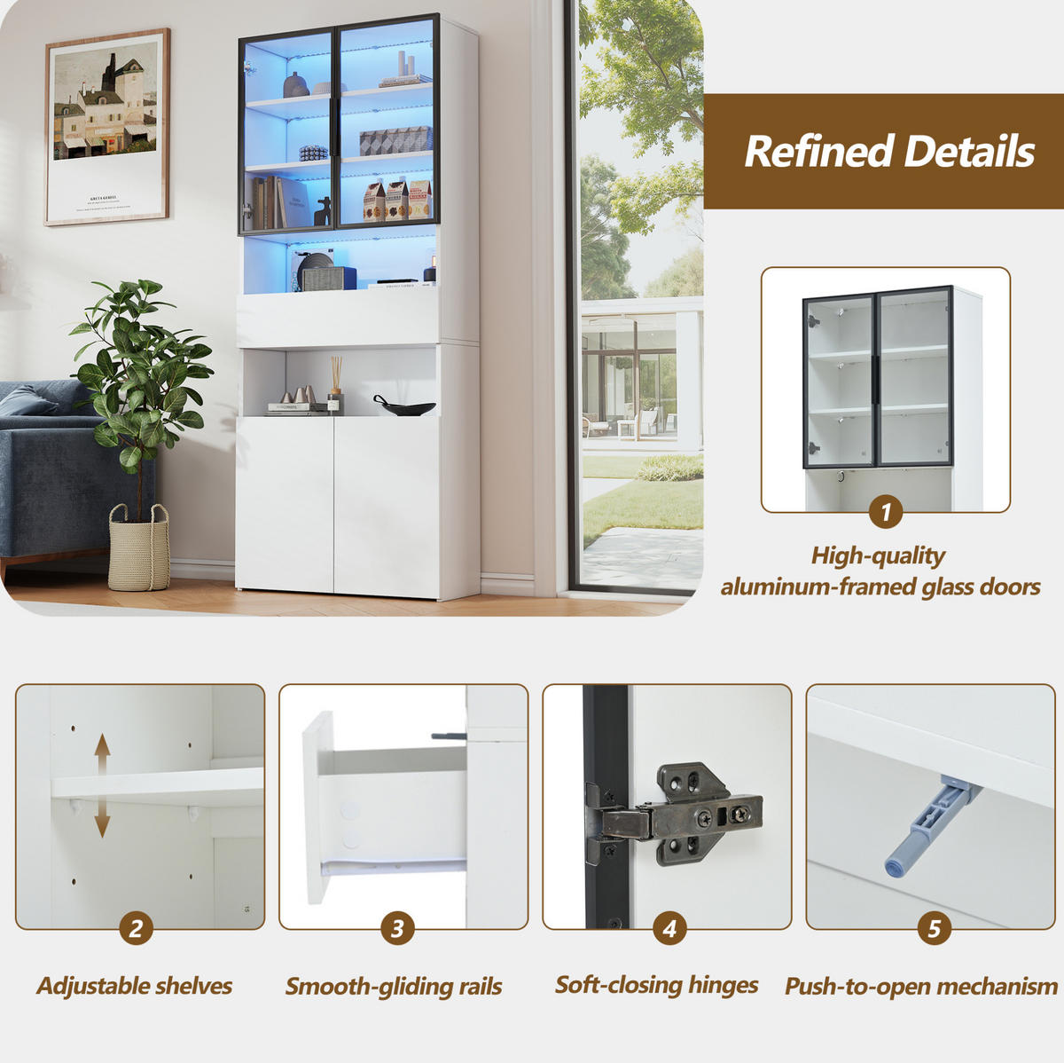 VITRINE 70/30/200 cm in Weiß mit LED-Beleuchtung, Glastüren und Schublade - Weiß, Holzwerkstoff (70/200/30cm) - Flora Grace