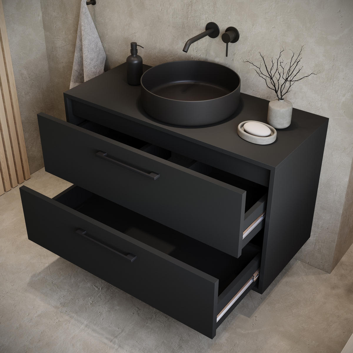 WASCHBECKENUNTERSCHRANK Florence 2 Schubladen Matt Schwarz - 80 x 46 x 46 cm - Schwarz, Holz (80/46/46cm) - Badplaats