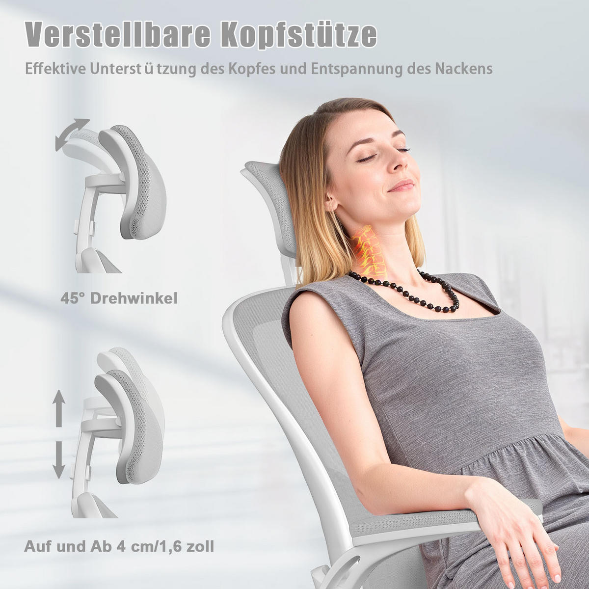 BÜROSTUHL ergonomisch, höhenverstellbar, klappbare Armlehnen, Kopfstütze – Grau - Grau, Metall (50.5/134/52cm) - Rattantree