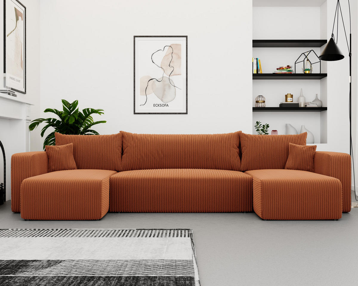 WOHNLANDSCHAFT mit Schlaffunktion und Bettkasten, Orange - Orange, Holzwerkstoff/Textil (318/79/145cm) - Idohome