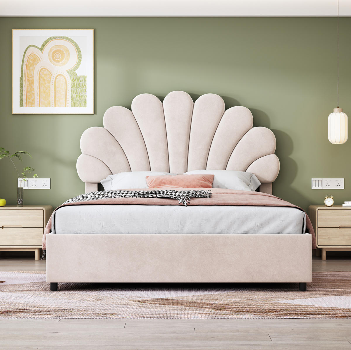 POLSTERBETT aus Samt 140x200 cm Beige mit hydraulischem Bettkasten, floralem Kopfteil und Lattenrost - Beige, Textil (140/200cm) - Modfu