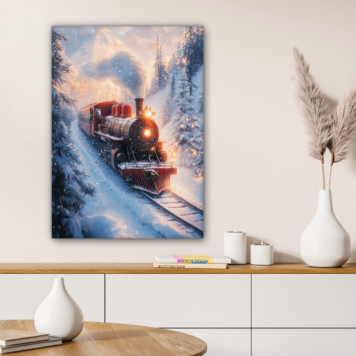 LEINWANDBILD Weihnachtszug - Schnee - Winter - Weihnachten 60x80 cm - Dunkelrot, Textil (60/80cm) - MuchoWow