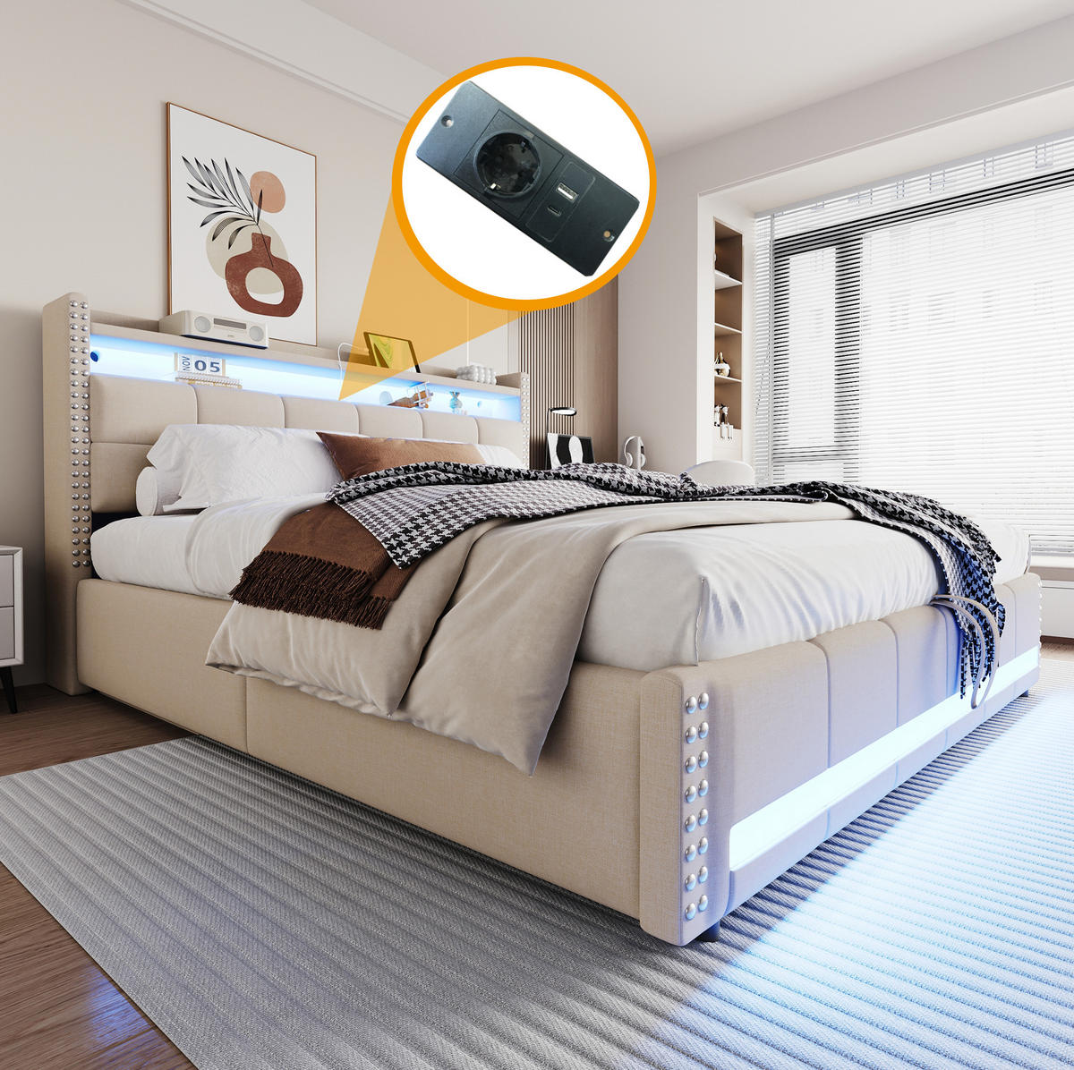 ČALOUNĚNÁ postel, 180/200 cm, béžová, lněný vzhled, LED, USB a úložný prostor - béžová, textil (180/200cm) - BEAOK