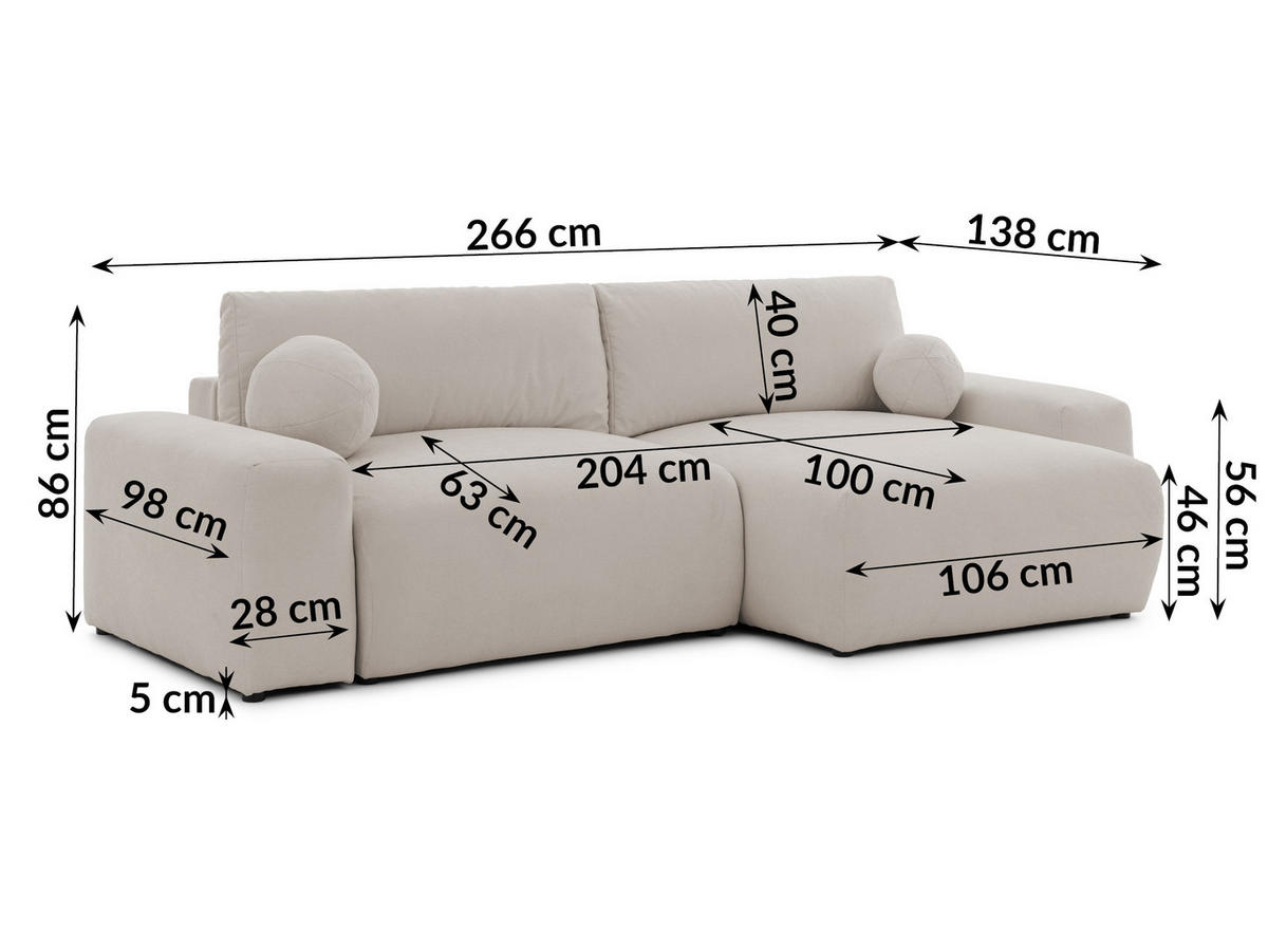 ECKSOFA Puffy mit Schlaffunktion und Bettkasten - besonders weich und puffig aus Beige Webstoff - Ottomane rechts - Beige/Schwarz, Holz/Kunststoff (266/138cm) - S-Style Möbel