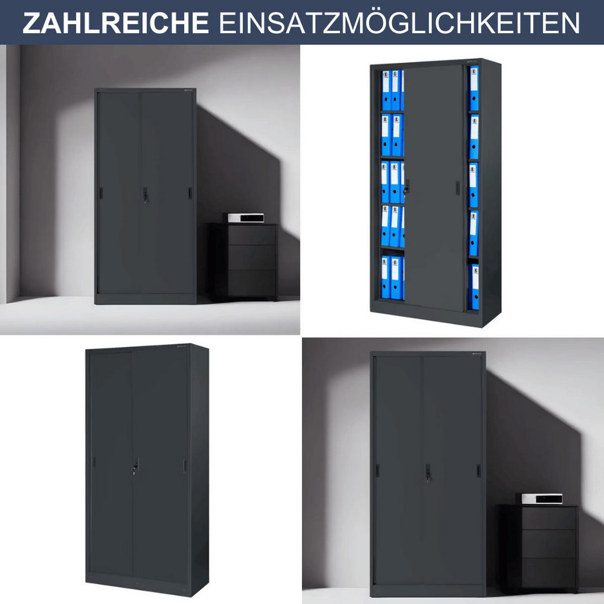 AKTENSCHRANK abschließbar ROLF mit Schiebetüren 185x90x40cm Anthrazit - Anthrazit, Metall (90/185/40cm) - DELUKE