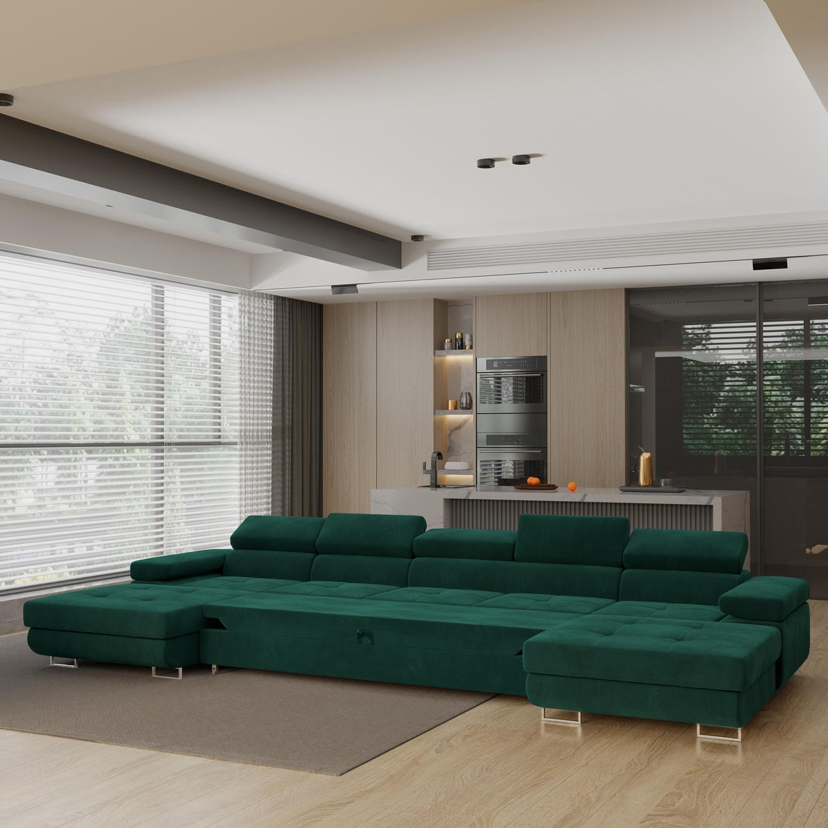 WOHNLANDSCHAFT OMBRA Grün Velours-Stoff mit Schlaffunktion - Grün, Holz (425/90/202cm) - MASSENO