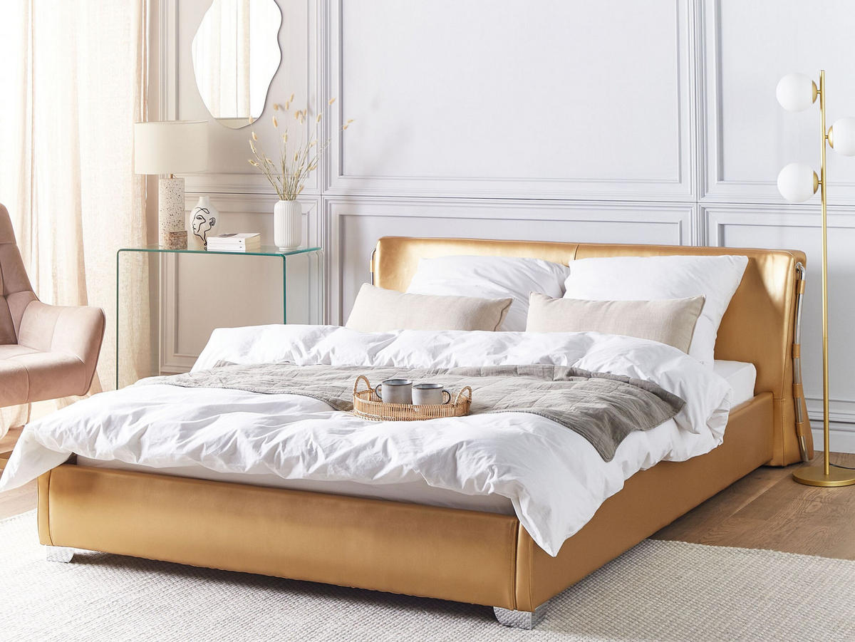 LEDERBETT 160/200cm Gold Paris - Goldfarben, Leder (160/200cm) - Beliani
