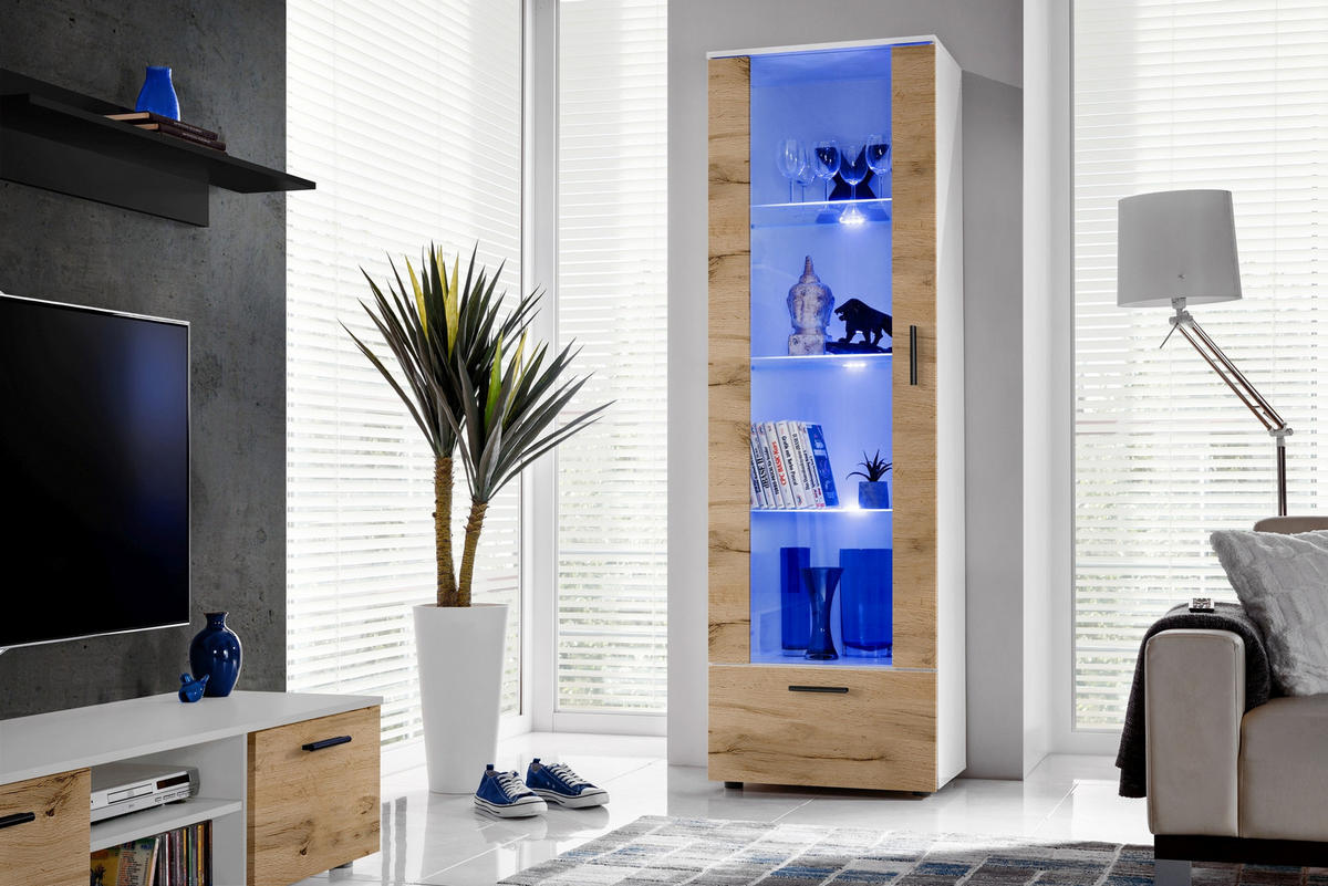 VITRINE ALESSANDRIA, Wotan, LED Blau - Eiche Wotan/Schwarz, Glas/Holzwerkstoff (60/192/42cm) - Komodee