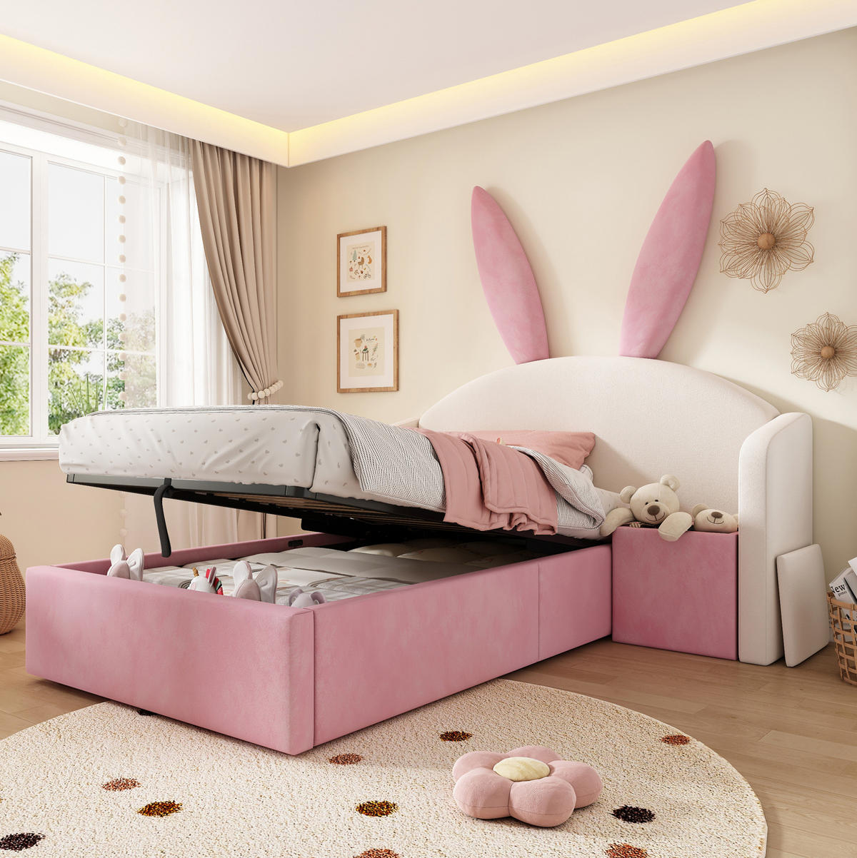 KINDERBETT mit Stauraum 90/200 cm mit hydraulischem Stauraum und Nachttisch, ohne Matratze - Pink, Textil (90/200cm) - MIVRAY