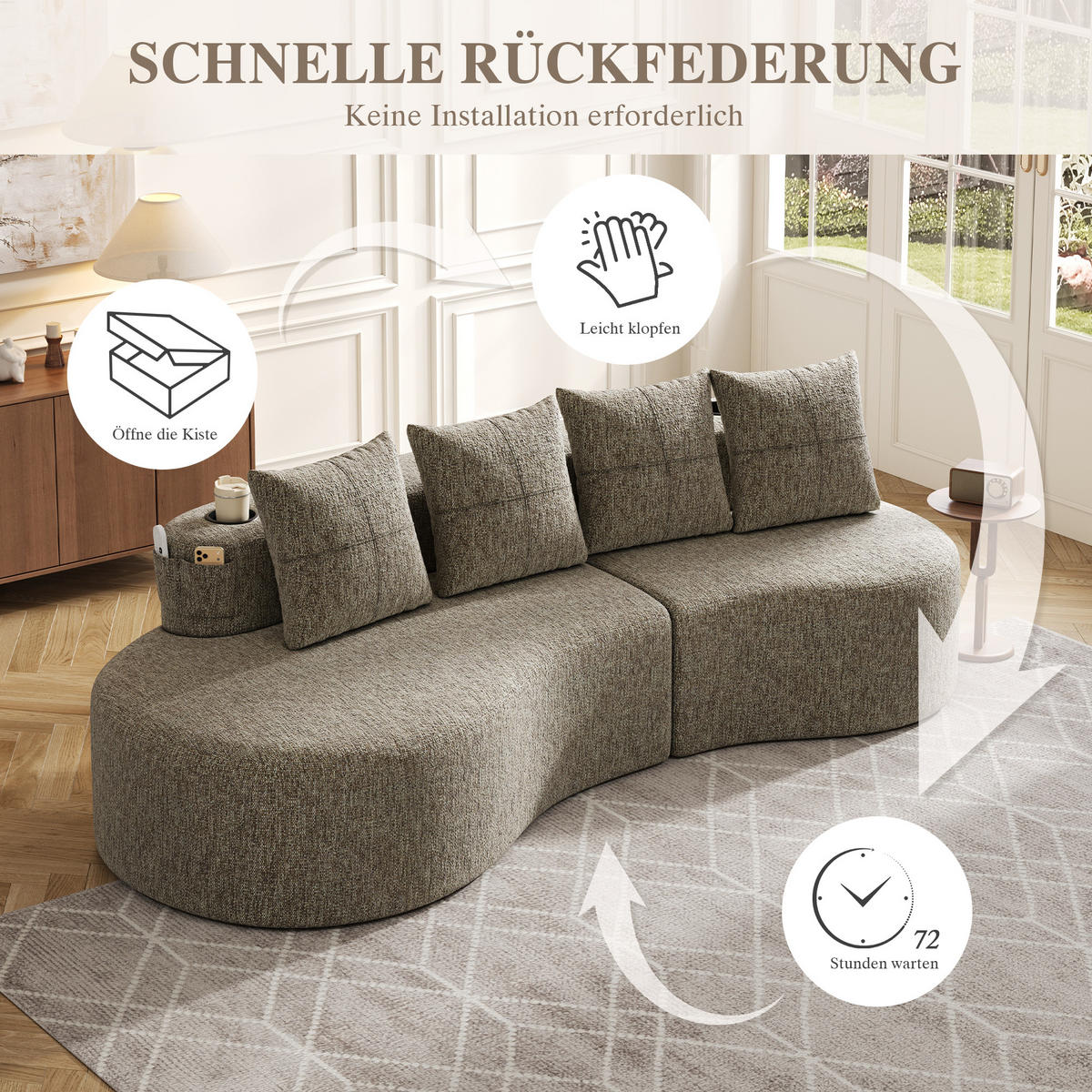 3-SITZER SOFA leinenstoff farbwahl mit getränkehalter & seitentaschen - Sandfarben, Textil (240/63/109cm) - Urban Meuble