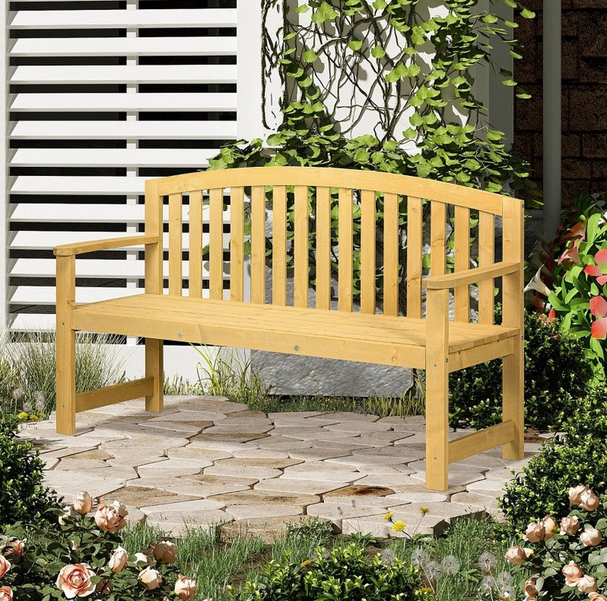 ZAHRADNÍ lavička z dřeva 143x51x85 cm oranžová s opěradlem a područky, pro 2 osoby, odolná vůči počasí - pomerančová, kompozitní dřevo (143/85/51cm) - Modfu