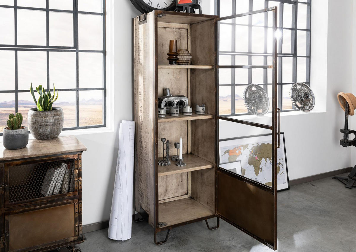 VITRINE Mango 60x40x180 braun lackiert HEAVY INDUSTRY #240 - Braun, Holz (60/180/40cm) - Massivmoebel24