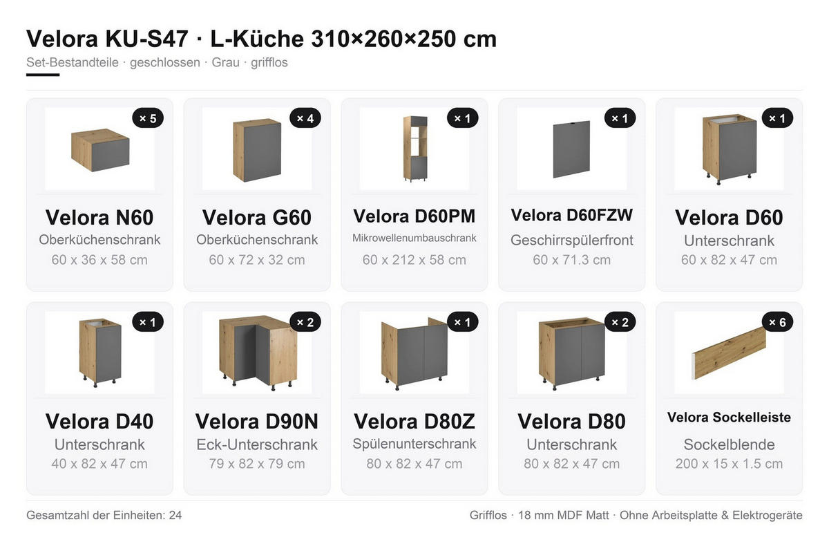 U-KÜCHE 310 x 260 x 250 cm VELORA – KU-S47 – Grau - Grau, Holzwerkstoff (310/248/260cm) - hi-markt