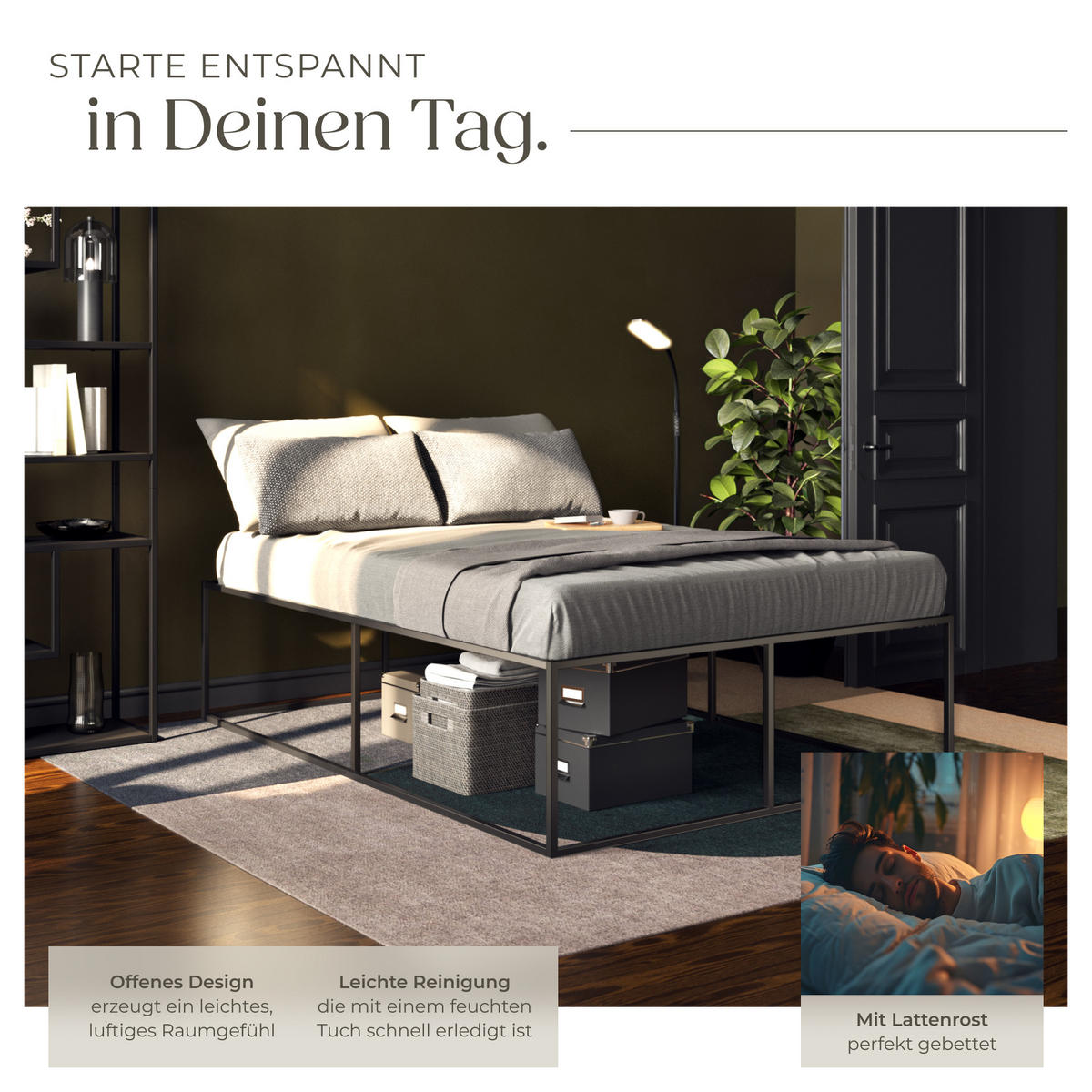 BETT Kyoto,Belastbarkeit 250 kg, bodenschonende Kunststoffkappen,schwarz - Schwarz, Metall - tectake
