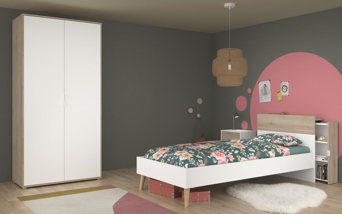 JUGENDZIMMER Aalborg 3 in Weiß und Japanischer Eiche 4 teilig - Weiß, Holzwerkstoff (120/200/80cm)